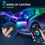 Car interior with LED lights and control options via app and pushbutton.