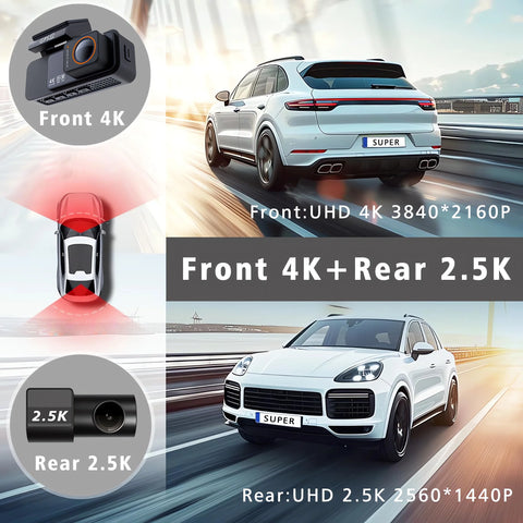Dash Cam Dual Lens 4K UHD Recording Car Camera DVR Night Vision Video Recorder GPS Wi-Fi Room Black Box 2.5K Rear View Camera