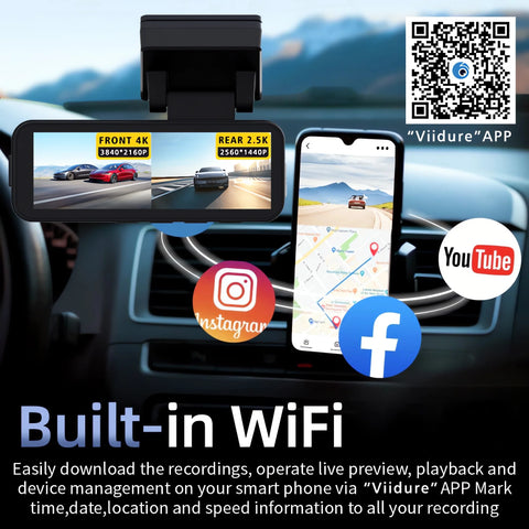 Dash Cam Dual Lens 4K UHD Recording Car Camera DVR Night Vision Video Recorder GPS Wi-Fi Room Black Box 2.5K Rear View Camera