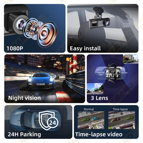 WiFi car dash cam with 3-channel DVR recording