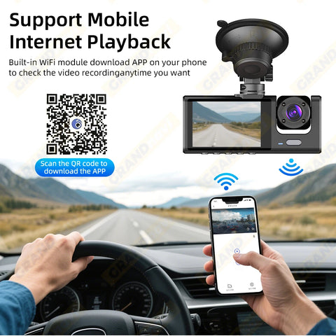 WiFi car dash cam with 3-channel DVR recording