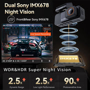 Dash Cam Dual Lens 4K UHD Recording Car Camera DVR Night Vision Video Recorder GPS Wi-Fi Room Black Box 2.5K Rear View Camera