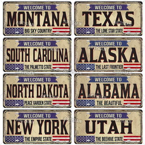 Artisian USA Landmark License Plate Welcome To City Decorative Vehicle Plate State Metal Tin Plaque Wall Decor Garage Bar Pub
