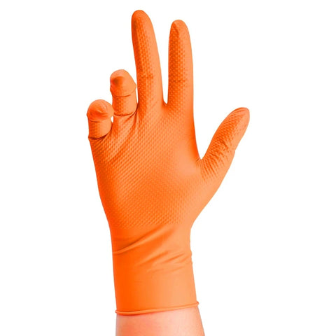 Heavy Duty Orange Nitrile Gloves – 8Mil with Diamond Grip for Mechanics & Work Safety