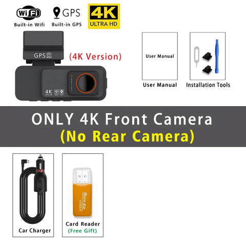 Dash Cam Dual Lens 4K UHD Recording Car Camera DVR Night Vision Video Recorder GPS Wi-Fi Room Black Box 2.5K Rear View Camera