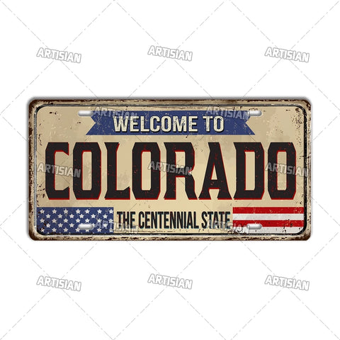 Artisian USA Landmark License Plate Welcome To City Decorative Vehicle Plate State Metal Tin Plaque Wall Decor Garage Bar Pub
