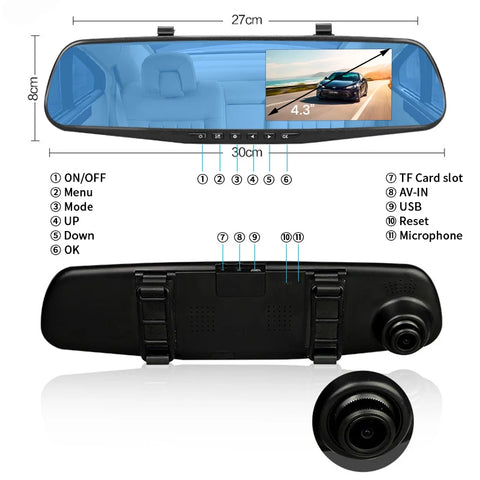 4.3 inch mirror dash cam dual lens DVR