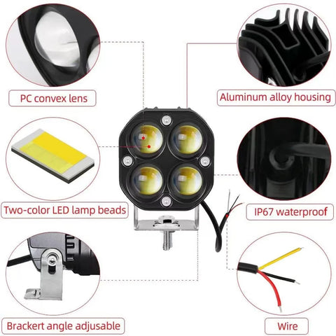 LED work light 40W spotlights for off-road vehicle modification, motorcycle light engineering, yellow and white fog lights