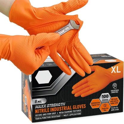 Heavy Duty Orange Nitrile Gloves – 8Mil with Diamond Grip for Mechanics & Work Safety