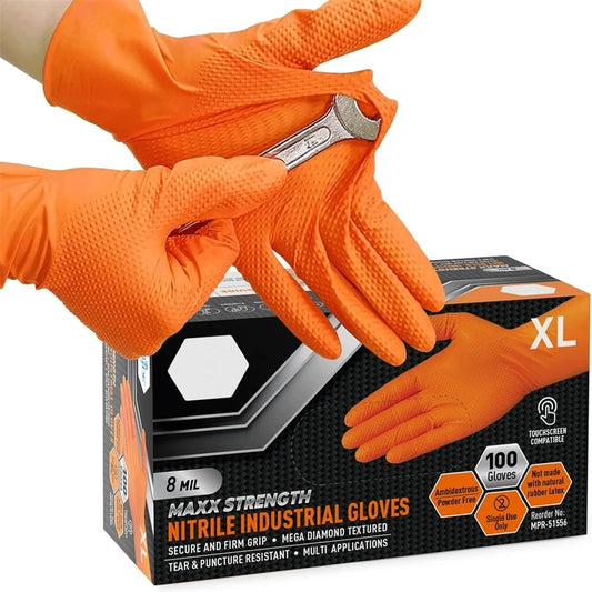 Heavy Duty Orange Nitrile Gloves – 8Mil with Diamond Grip for Mechanics & Work Safety
