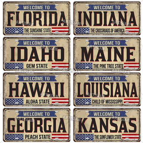 Artisian USA Landmark License Plate Welcome To City Decorative Vehicle Plate State Metal Tin Plaque Wall Decor Garage Bar Pub